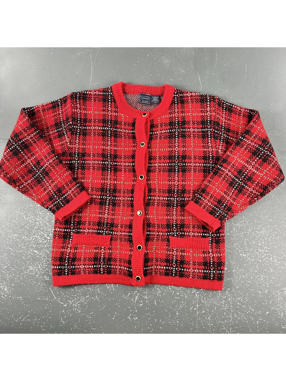 VTG Laura Scott Holiday Sweater Womens Medium Red Black Tartan Plaid Cardigan